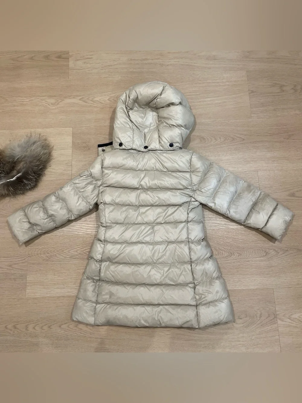 Moncler Kids Cream Quilted Hooded Puffer Coat with Black Trim